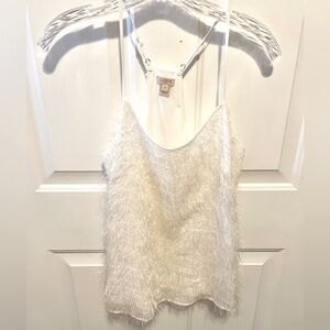J.Crew white feather fringe shimmer racer back tank XS